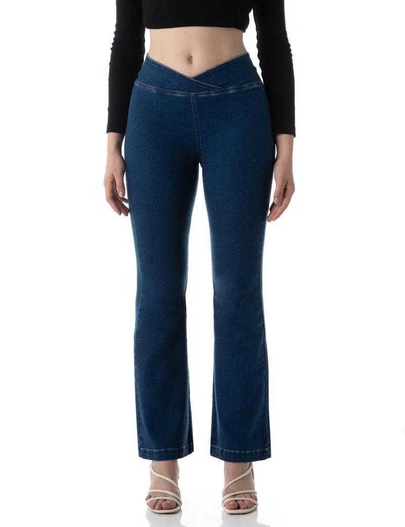 inkd Mid Blue Women's Flared Pull-on Jeans - Mid-Rise| Enzyme Wash | Slant Waistband | Jeans for Women for Women | Best Price UAE